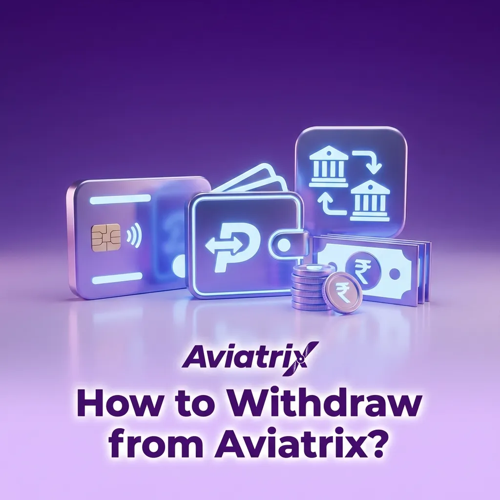 Illustrated Aviatrix withdrawal guide showing numbered steps from KYC to confirming INR payout and tracking status