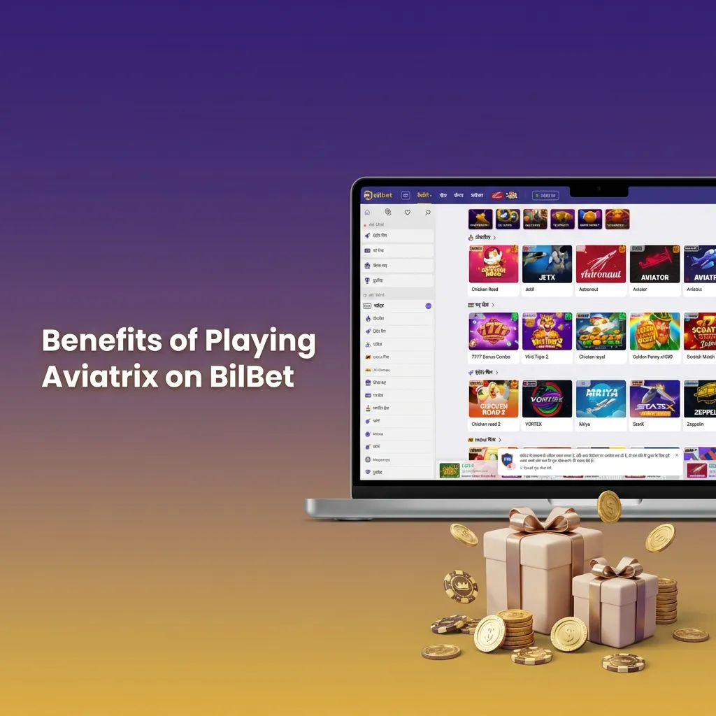 Infographic listing Aviatrix on BilBet benefits: high RTP, live stats, instant bets, INR payments, 24/7 support, demo mode