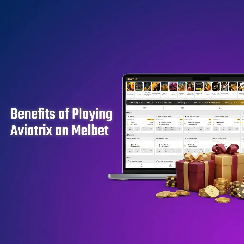Infographic titled “Benefits of Playing Aviatrix on Melbet” listing RTP, live stats, auto tools, low bets, UPI wallets, and 24/7 support