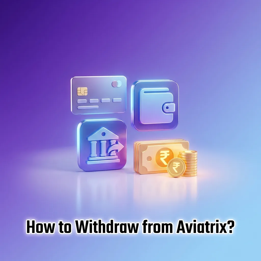 Illustrated guide showing Indian Aviatrix app withdrawal steps: KYC, choose method, enter amount, and track cashout status.
