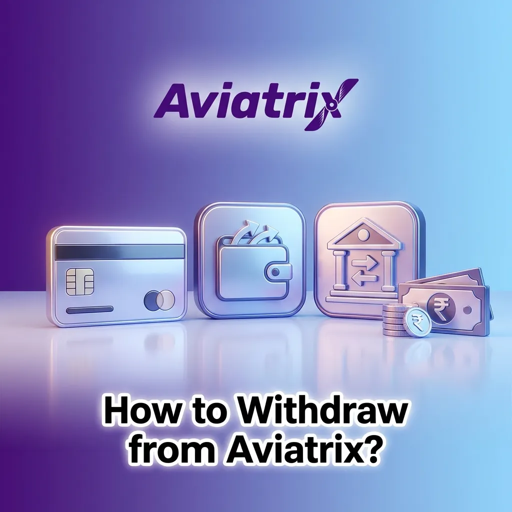 Illustrated Aviatrix app withdrawal steps: KYC verified profile, cashier screen, methods like UPI, bank, and crypto selected.