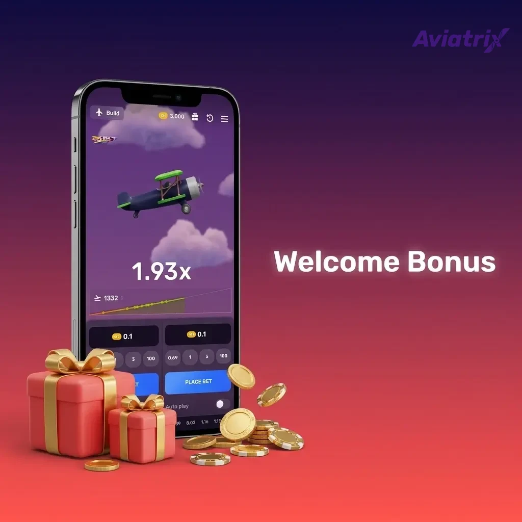 Welcome bonus offer showing 100% first deposit match and Aviatrix free spins for new players after registration